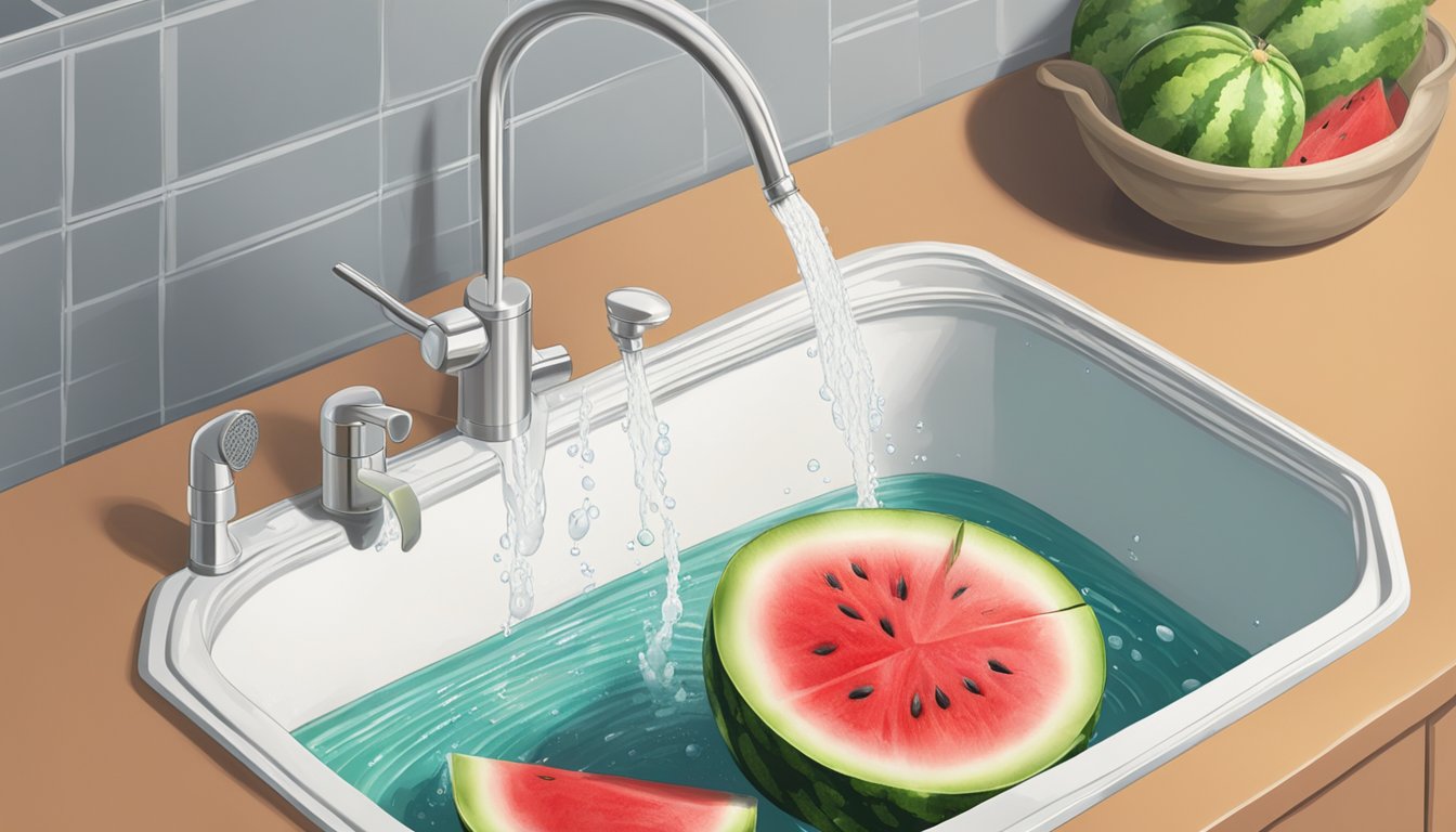 A watermelon being washed under running water in a kitchen sink