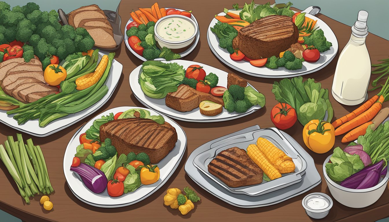 A colorful array of fresh vegetables and grilled meats arranged on a table, with bottles of Hidden Valley Ranch dressing placed strategically nearby