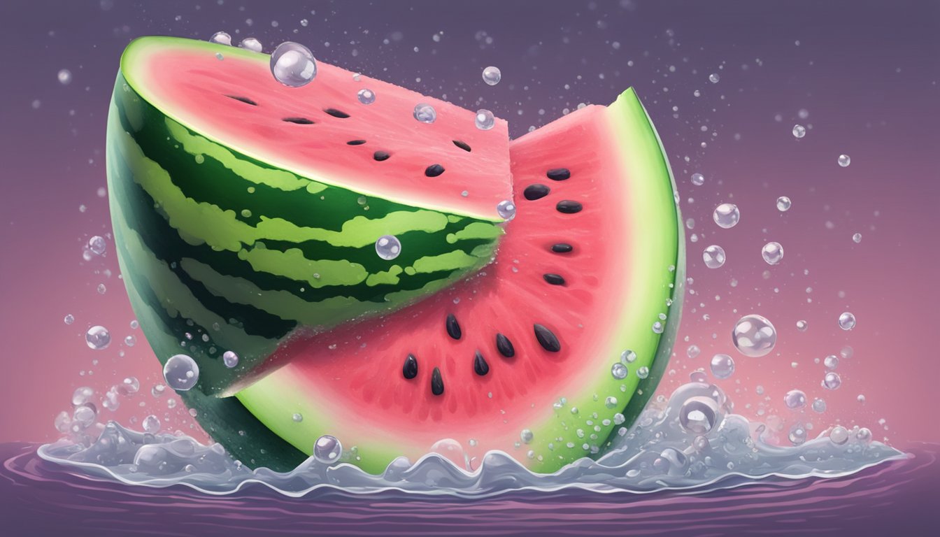 A ripe watermelon being washed under a stream of water, droplets glistening on its smooth green and pink skin