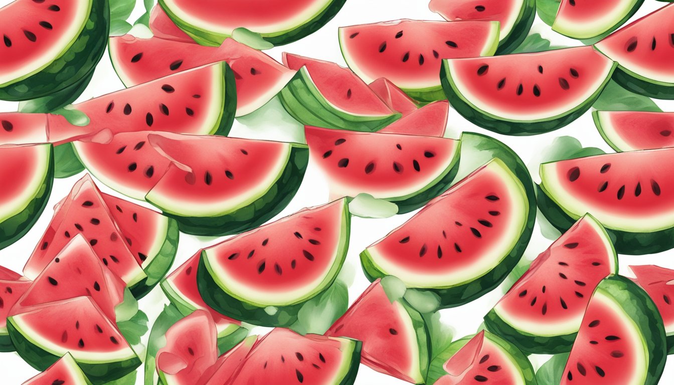 A watermelon slice being treated with stain remover spray and scrubbed with a brush