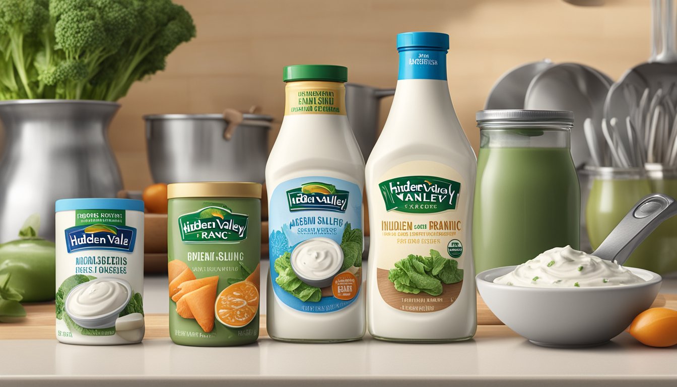 A bottle of Hidden Valley Ranch dressing sits on a kitchen counter next to various cooking utensils and ingredients