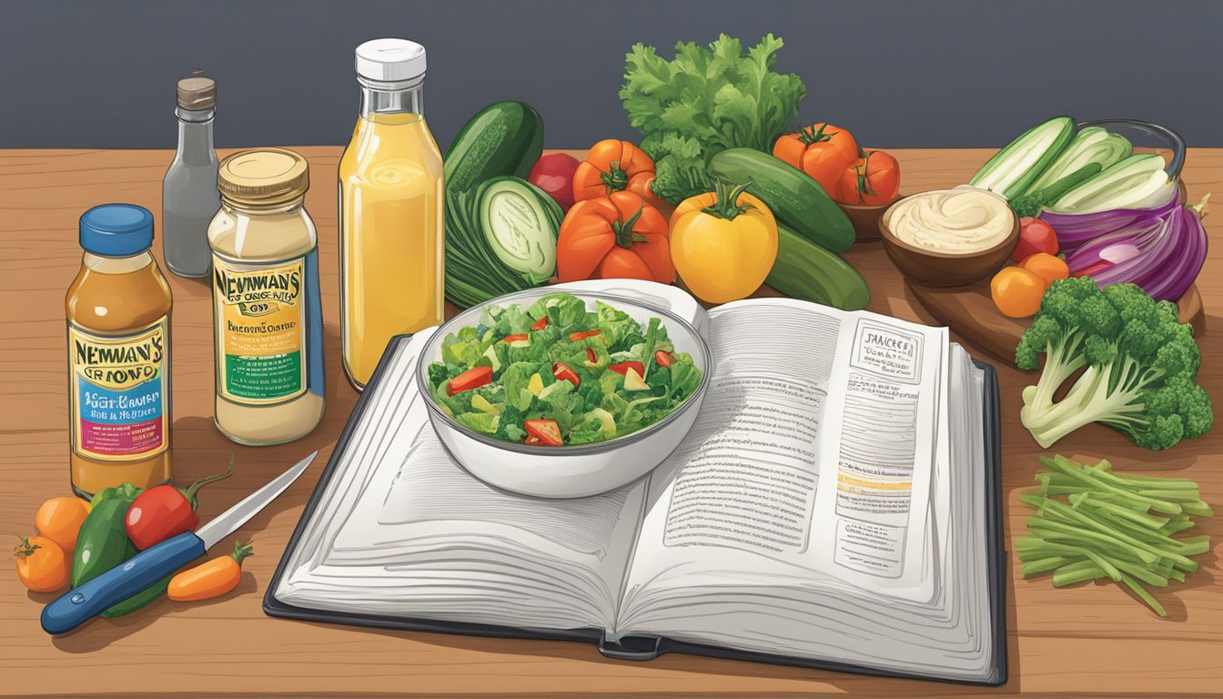 A colorful kitchen counter with a bottle of Newman's Own salad dressing, fresh vegetables, and a recipe book open to a page titled "Signature Newman's Own Recipes."