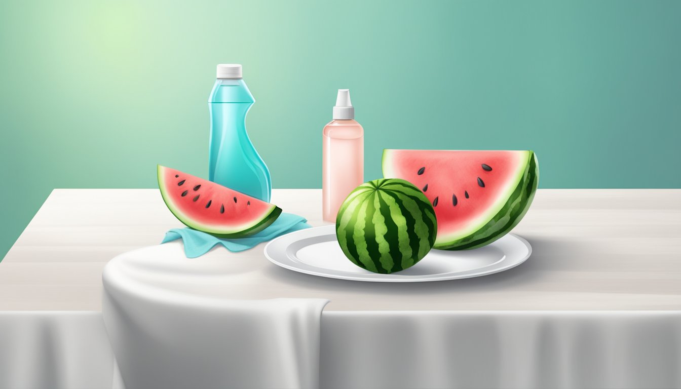 A white table with watermelon stains, a bottle of cleaning solution, and a cloth for wiping