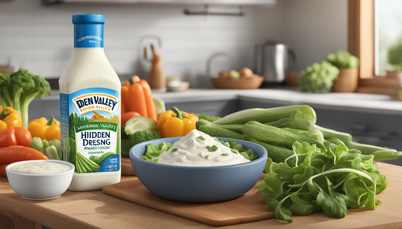 A bottle of Hidden Valley Ranch dressing sits on a kitchen counter, surrounded by fresh vegetables, a cutting board, and a mixing bowl