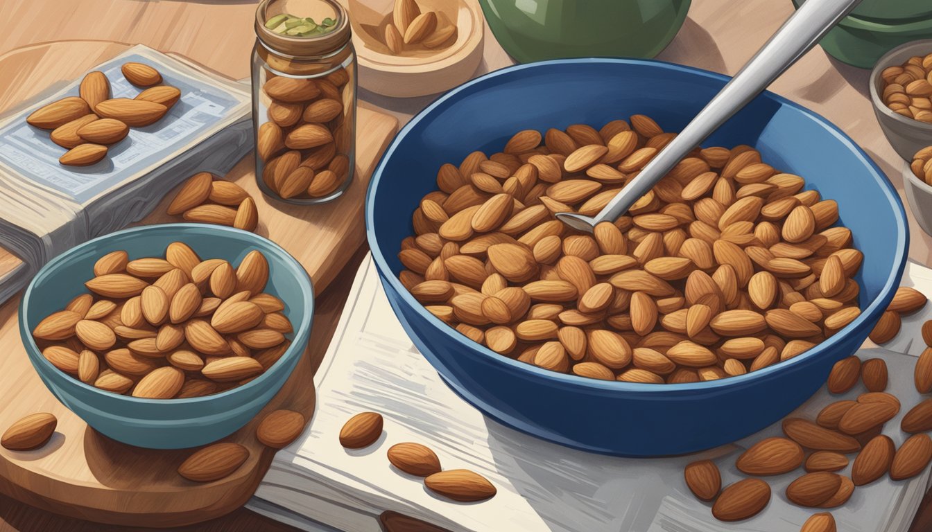 A bowl of Blue Diamond Almonds sits next to a cutting board with various ingredients, a skillet, and a mixing bowl. A recipe book is open to a page featuring almond-based dishes