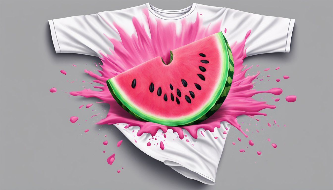 A watermelon slice falls onto a white shirt, leaving a bright pink stain spreading across the fabric