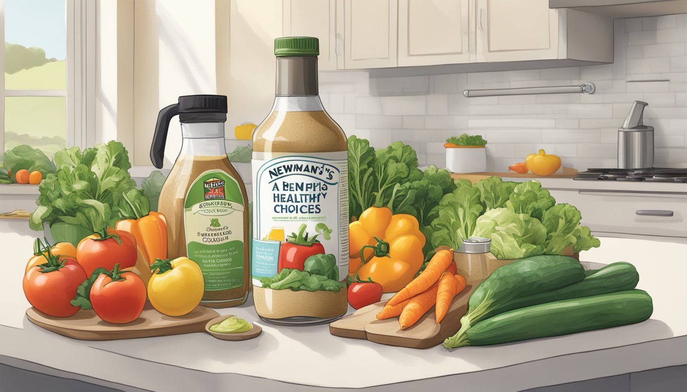 A bright kitchen with fresh vegetables, a bottle of Newman's Own salad dressing, and a cookbook open to a page titled "A Guide to Healthy Choices."