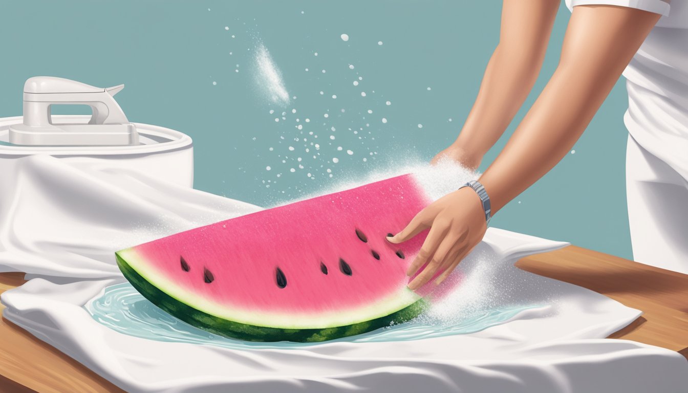 A watermelon slice falls onto a white shirt, leaving a bright pink stain. A person gently scrubs the fabric under running water, then applies a stain remover before washing the garment