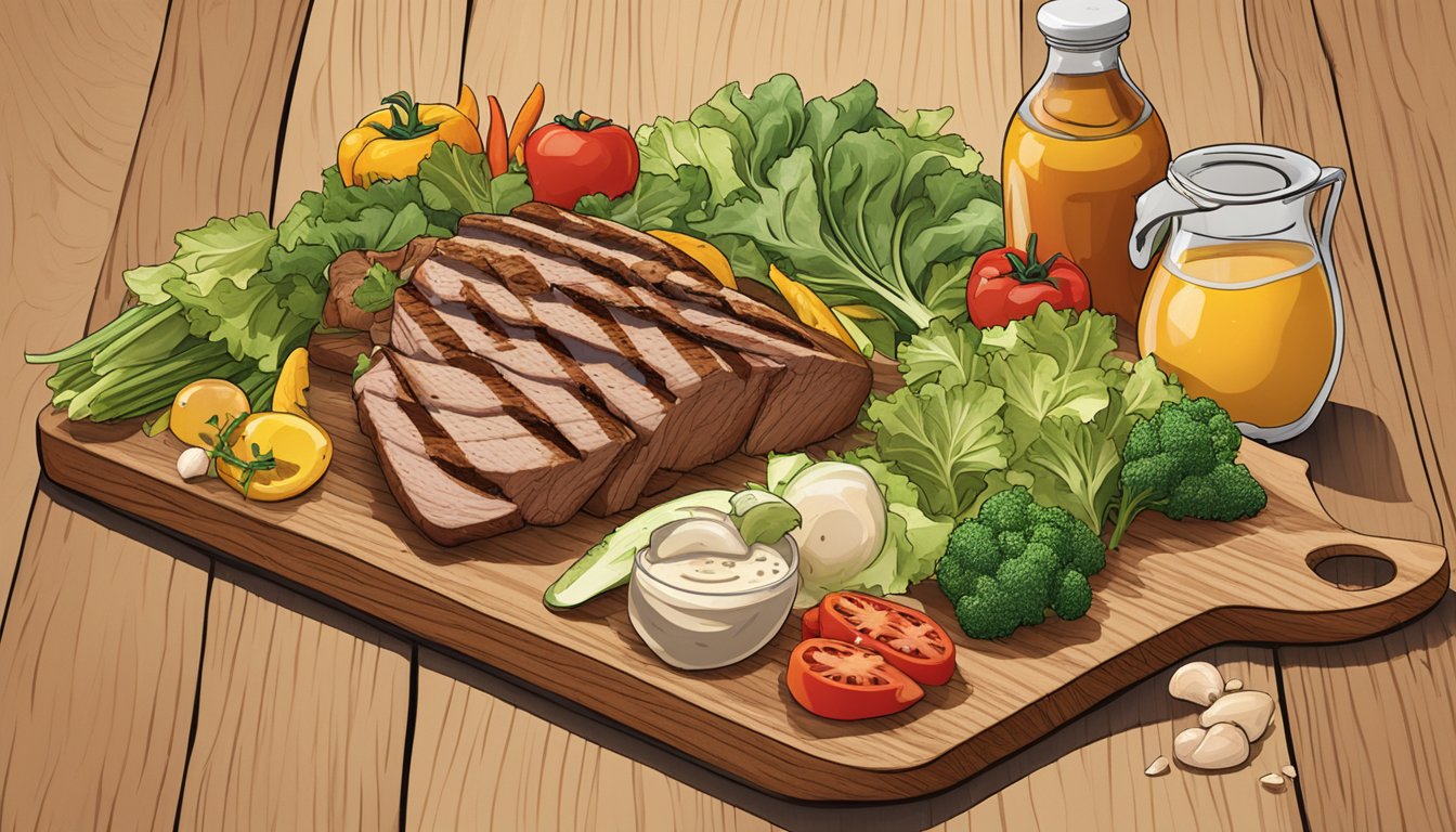 A colorful array of fresh vegetables and grilled meats arranged on a wooden cutting board, with a bottle of Newman's Own salad dressing nearby