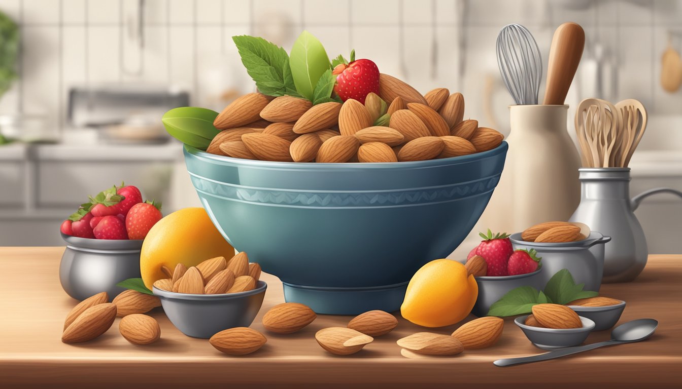 A bowl of almonds surrounded by fresh fruits and a variety of cooking utensils, with a chef's hat in the background