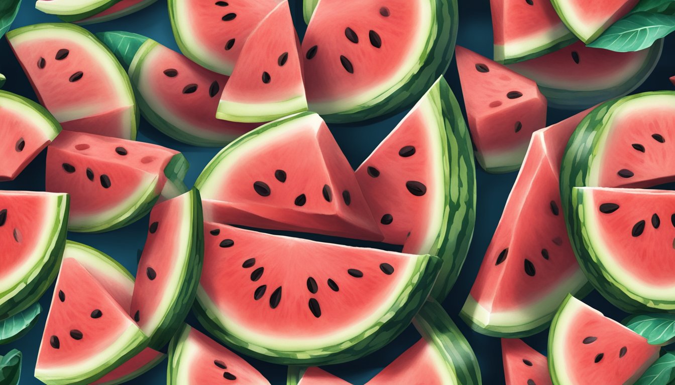 A watermelon cut open, showing signs of spoilage with mold and mushy texture