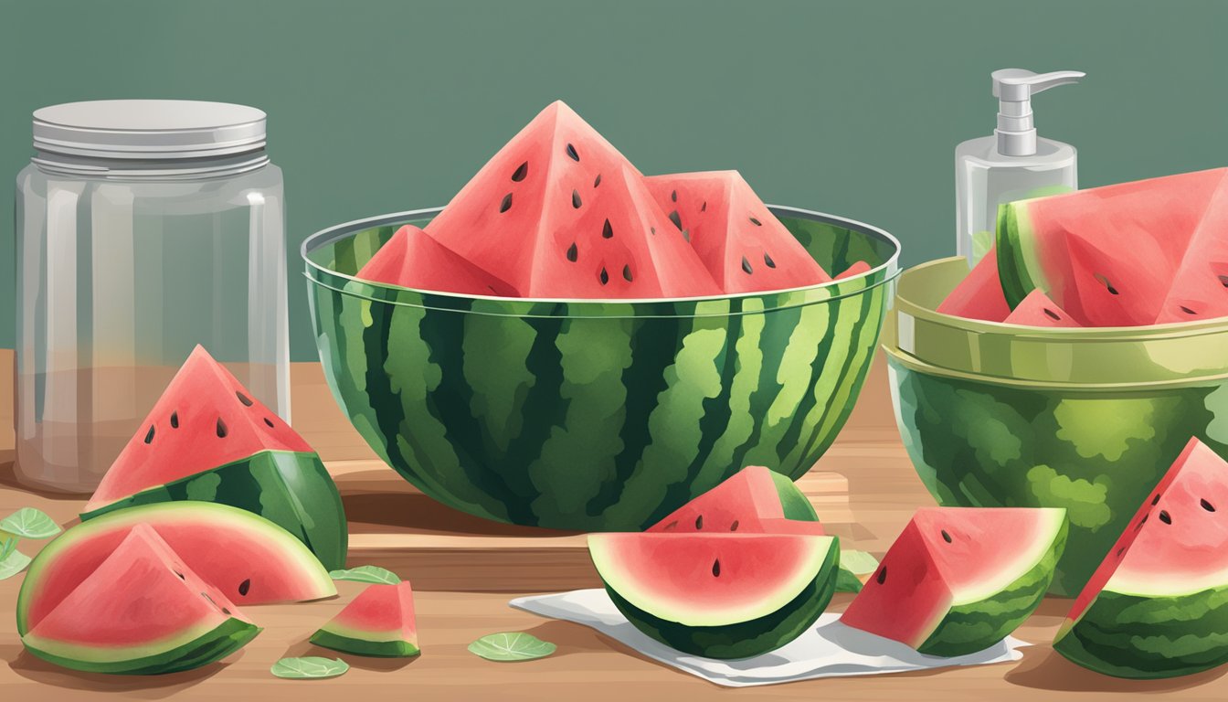 A watermelon being washed, sliced, and stored in a clean, dry container