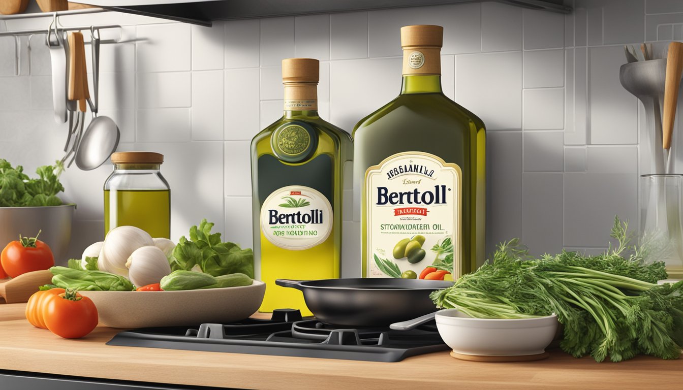 A bottle of Bertolli olive oil sits next to a pan on a stovetop, with fresh vegetables and herbs nearby