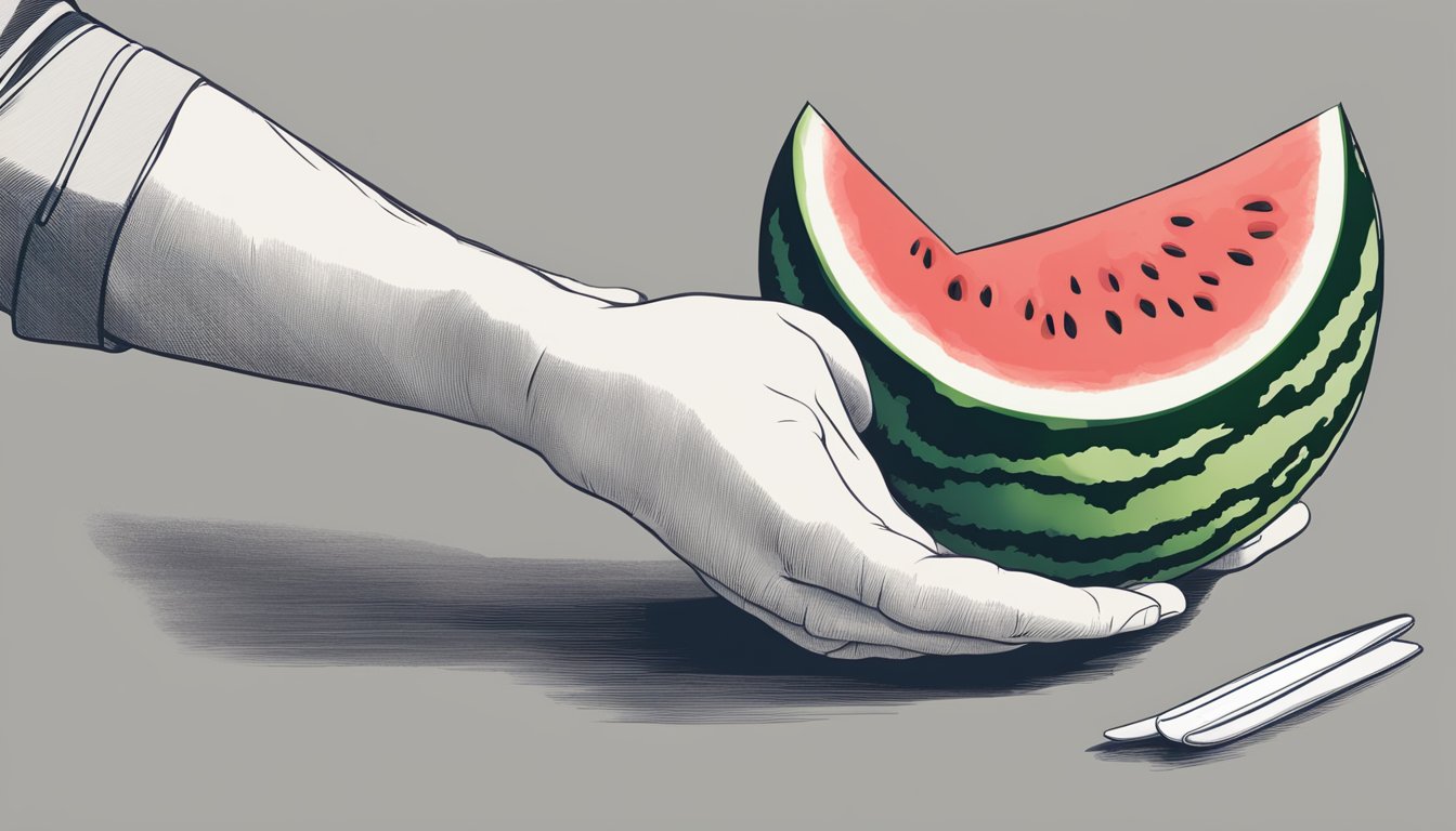 A hand reaching for a pre-cut watermelon slice. A second hand holding a small piece, inspecting it for signs of spoilage