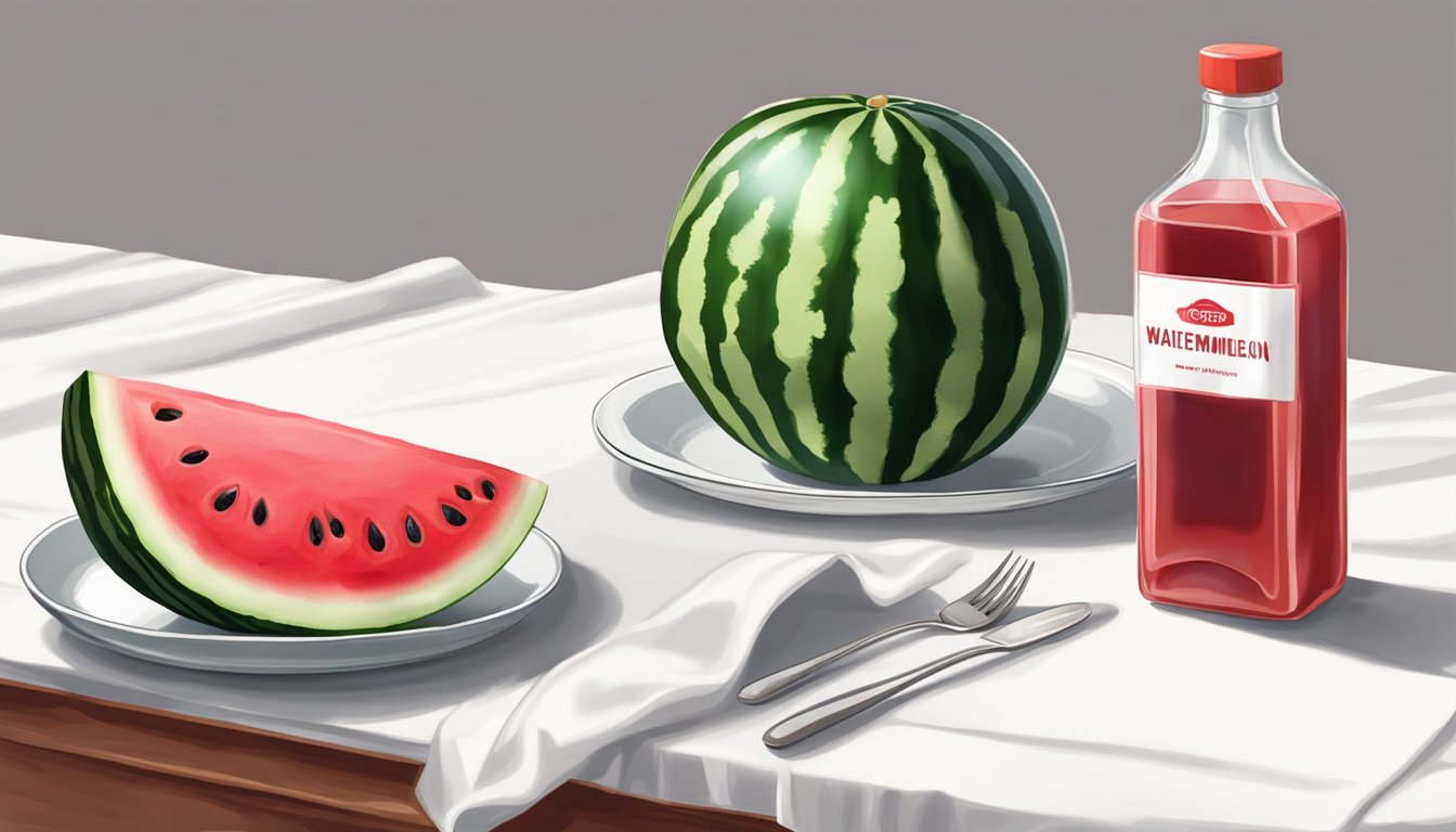 A watermelon slice on a white tablecloth, stained with red juice. A bottle of stain remover and a cloth nearby