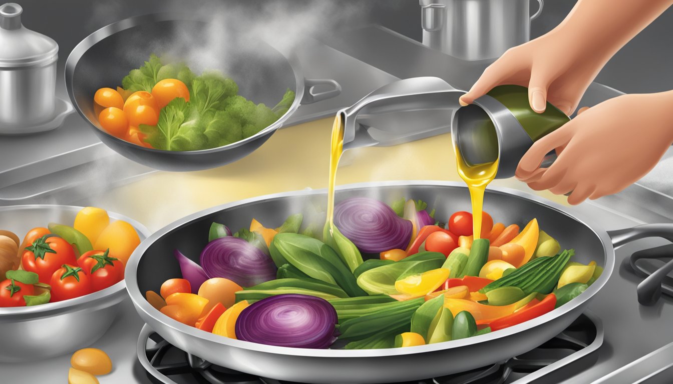 A chef pouring Bertolli olive oil into a sizzling pan of colorful vegetables