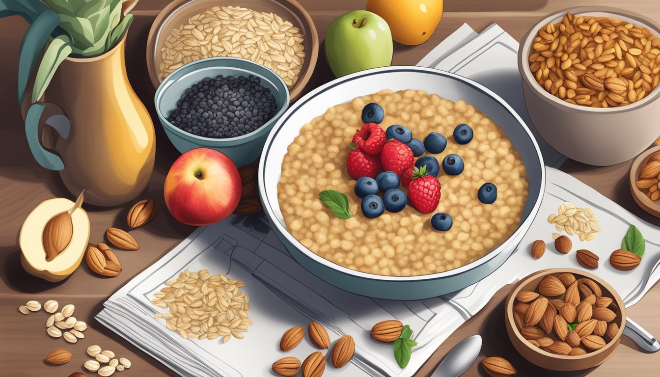 A kitchen counter with a variety of fresh fruits, nuts, and seeds next to a bowl of cooked quaker oats, surrounded by cooking utensils and a recipe book