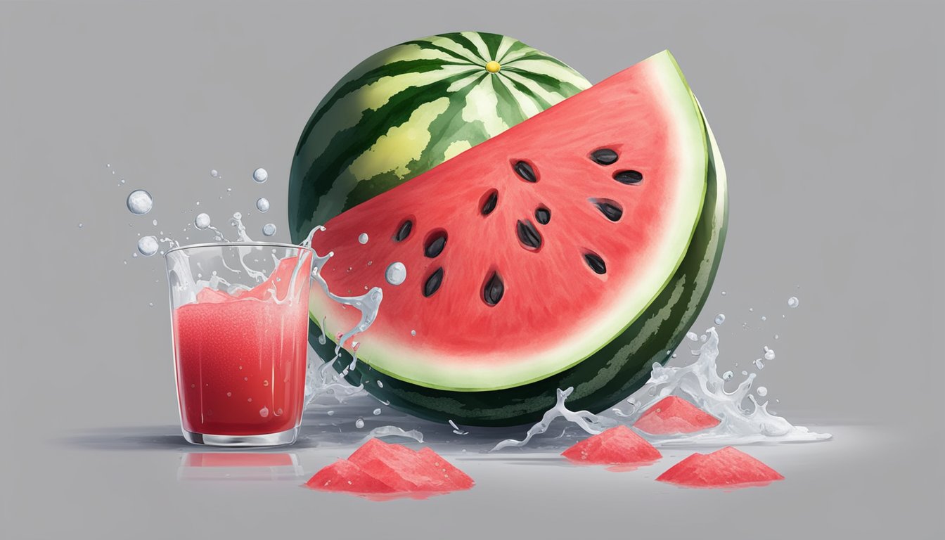 A watermelon with red juice spilled on a white surface, surrounded by various cleaning agents like vinegar, baking soda, and lemon