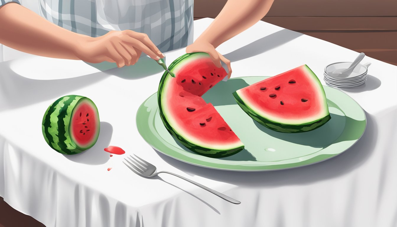 A watermelon slice falls onto a white tablecloth, leaving a bright red stain. A person cleans it with a cloth and stain remover spray