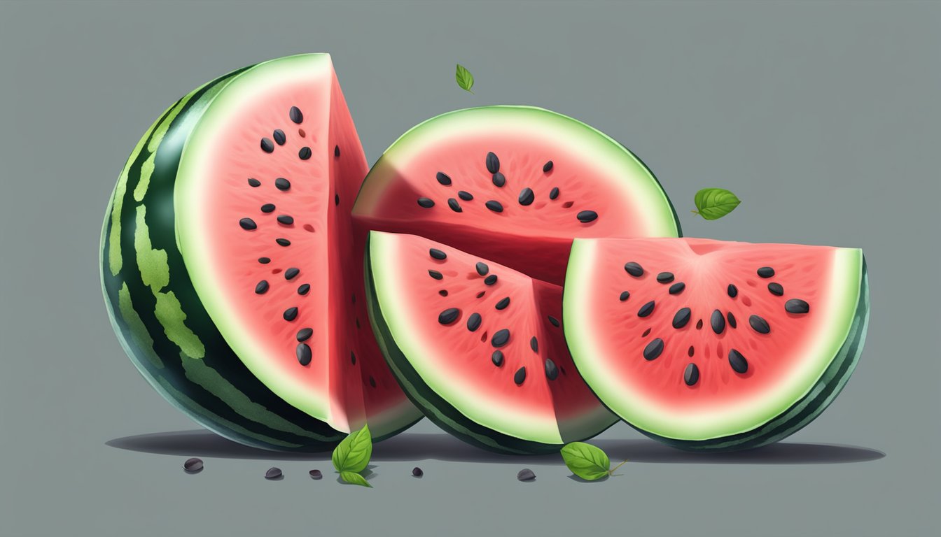 A watermelon cut in half, one side fresh and vibrant, the other side spoiled and mushy, with seeds and juice spilling out