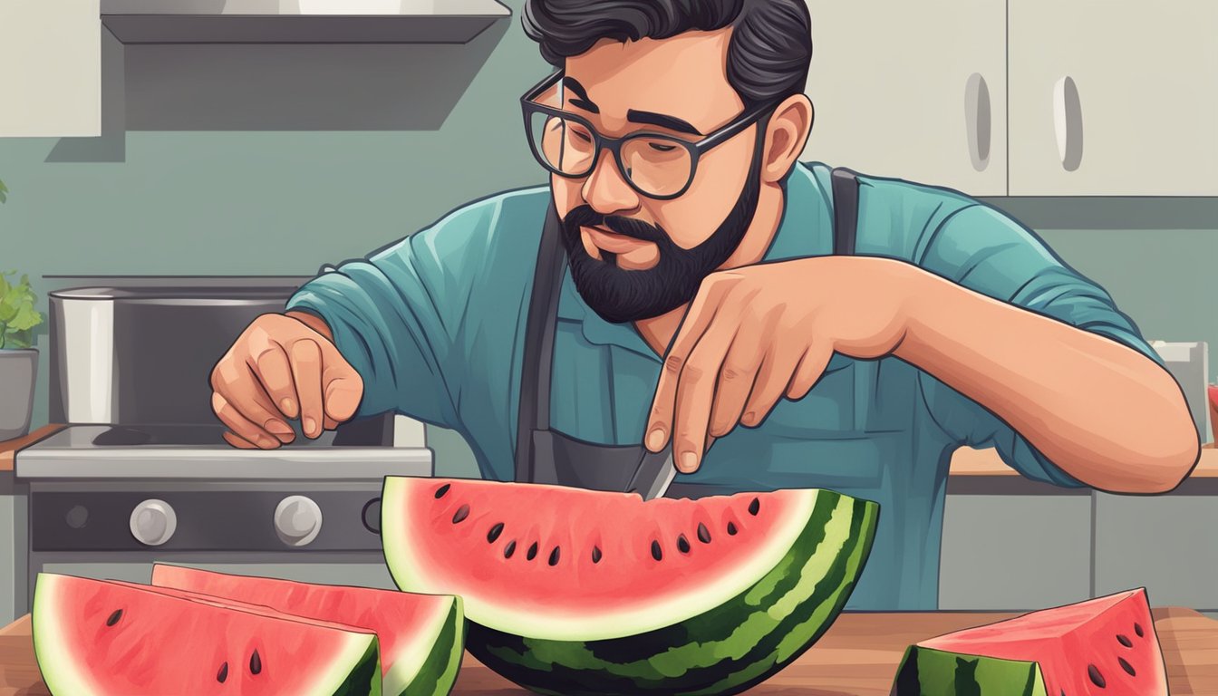 A person cutting open a watermelon and inspecting the flesh for signs of spoilage