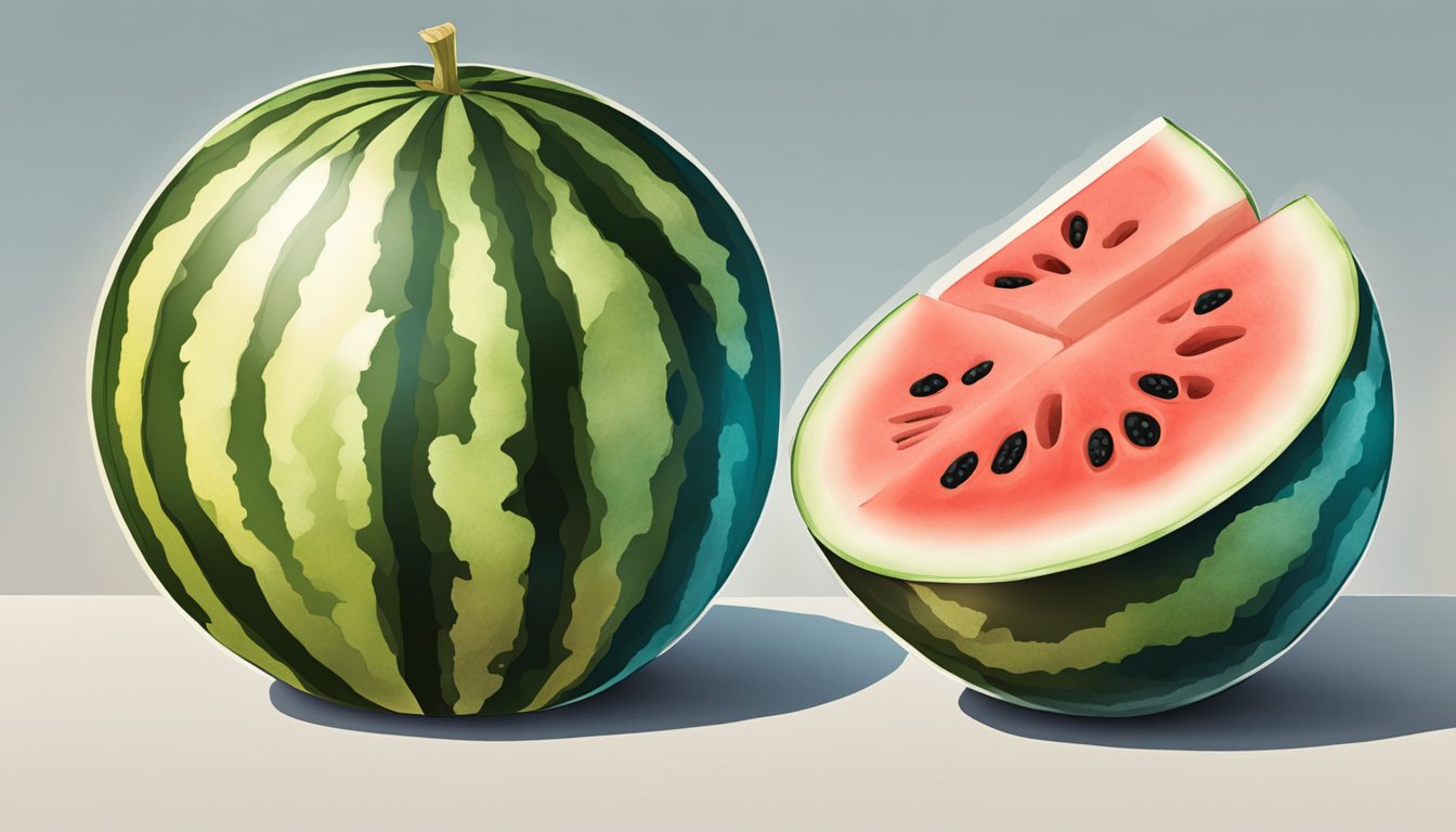 A whole and pre-cut watermelon sit side by side. One is vibrant and firm, while the other appears mushy and discolored