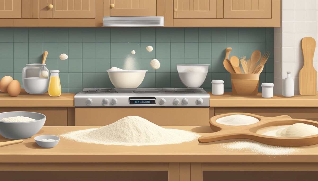 A kitchen counter with flour, butter, sugar, yeast, eggs, and a rolling pin. A bowl of dough being kneaded and cut into small portions