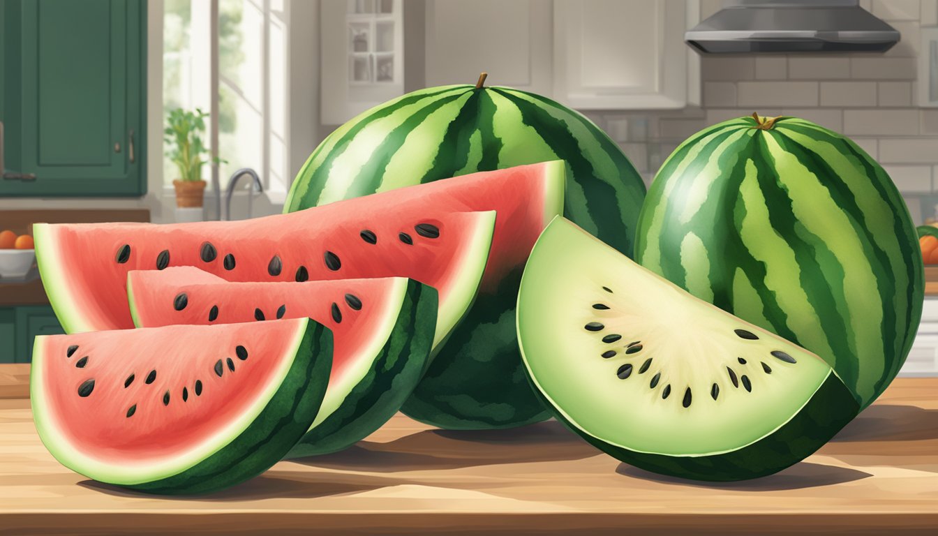 A whole watermelon sitting on a kitchen counter, surrounded by a few other fruits. The watermelon has a vibrant green and dark green striped rind