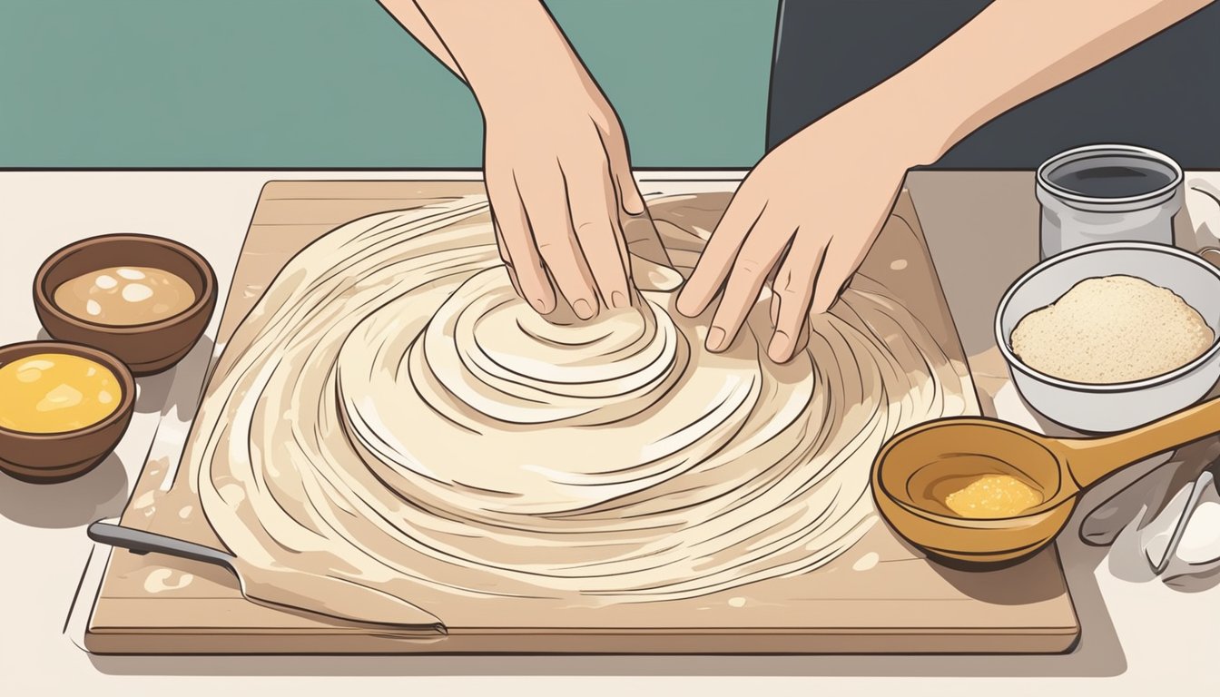 A pair of hands kneading dough on a floured surface, surrounded by ingredients and utensils for making breakfast danishes