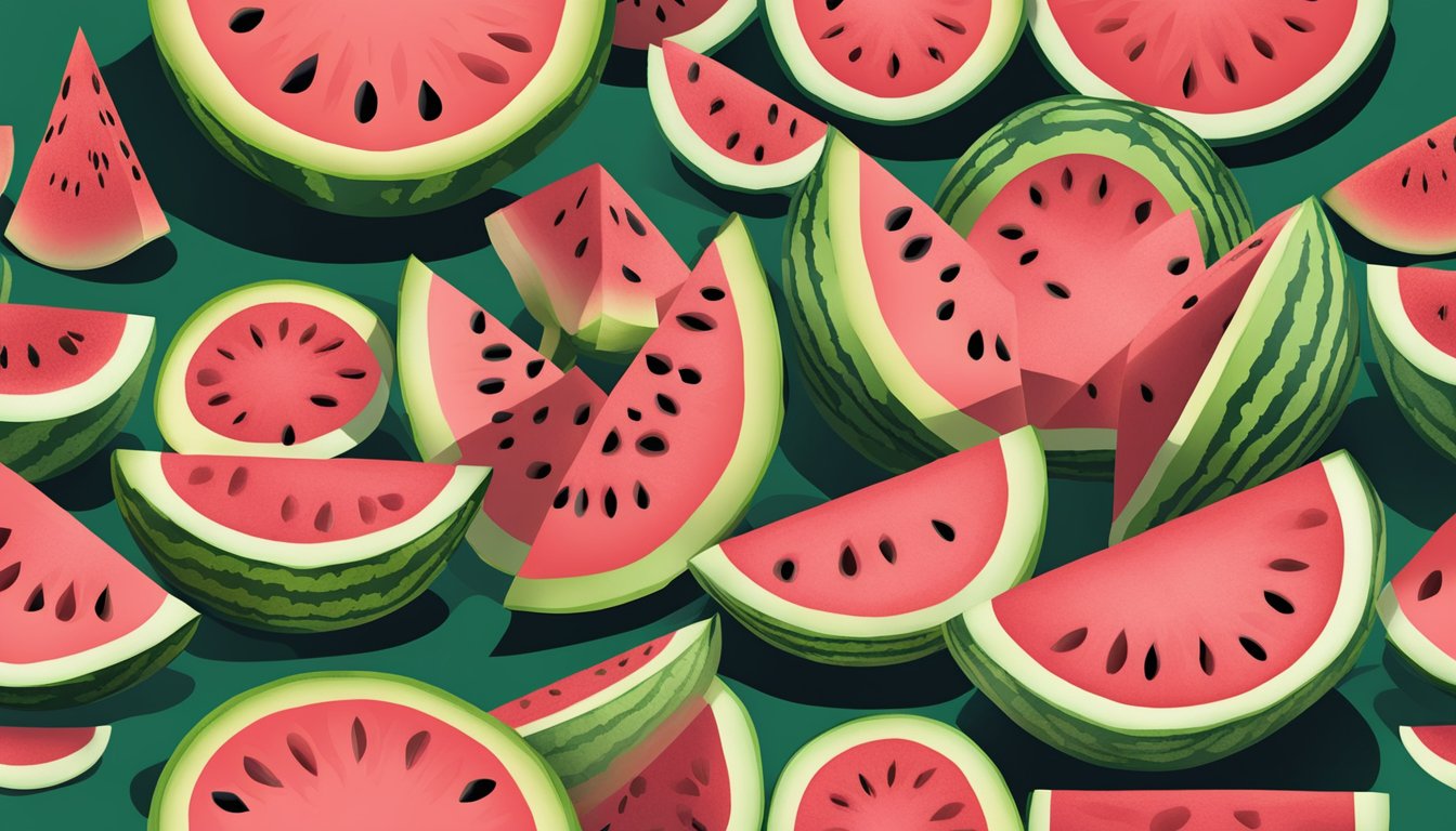 A variety of watermelons in different shapes, sizes, and colors, some cut open to reveal their flesh, with a few showing signs of spoilage