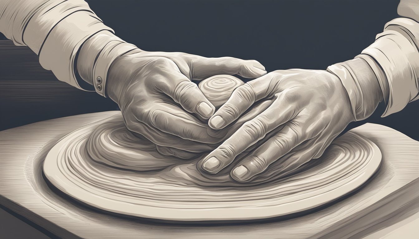 A pair of hands gently presses and folds layers of dough, creating a smooth and shiny surface