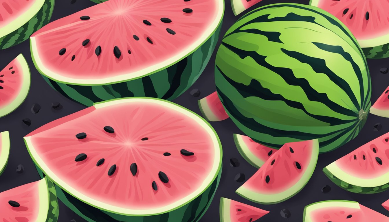 A watermelon sliced open, with vibrant pink flesh and black seeds. The fruit is surrounded by green rind and sits on a wooden cutting board