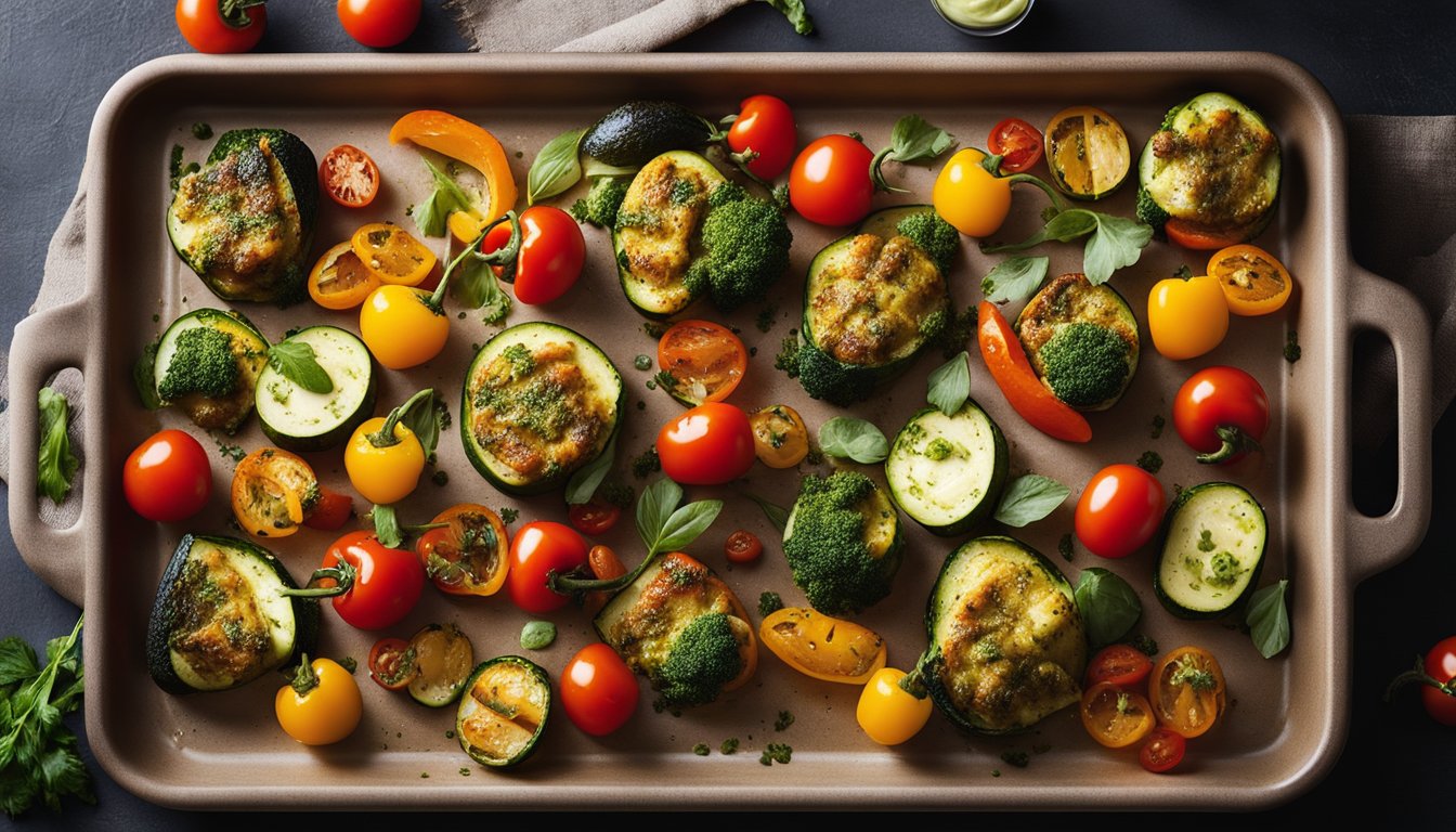 A vibrant array of roasted vegetables, with bell peppers, zucchini, and cherry tomatoes, arranged on a baking sheet and topped with a generous drizzle of pesto sauce