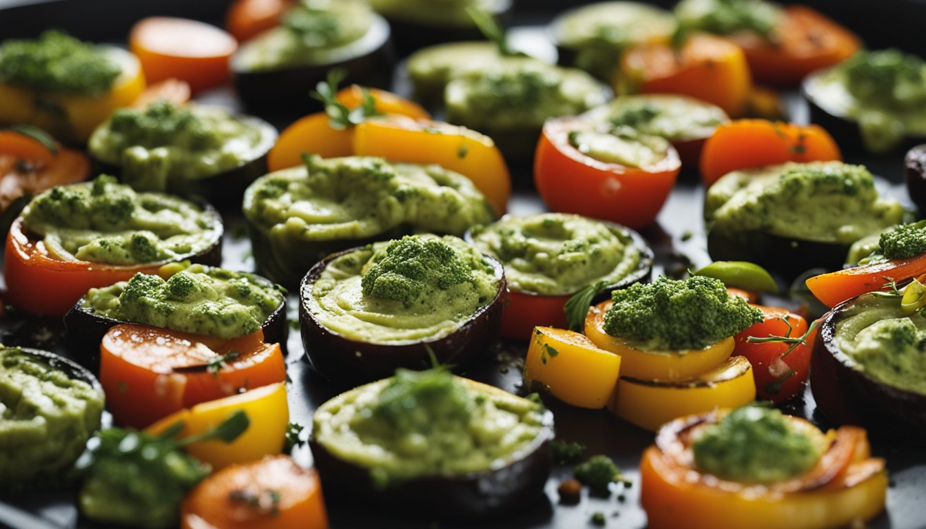 Roasted vegetables and pesto on a baking sheet