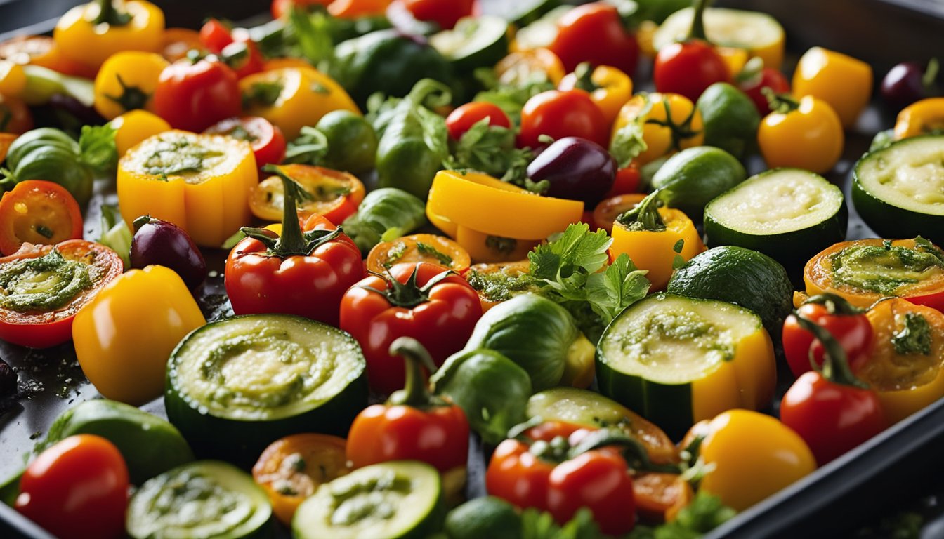 A vibrant array of roasted vegetables, bell peppers, zucchini, and cherry tomatoes, arranged on a baking sheet with a generous drizzle of pesto sauce