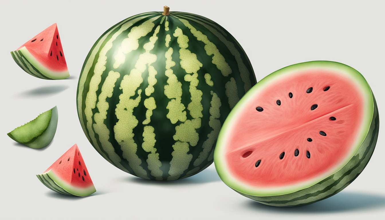 A watermelon split open, moldy and discolored, with a foul odor emanating from it