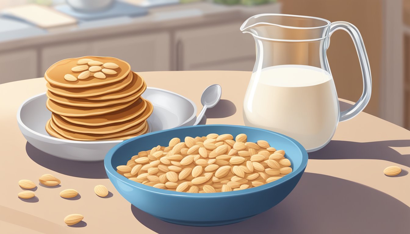 A bowl of cereal with almond milk poured over it, next to a stack of pancakes with a pitcher of almond milk on the side