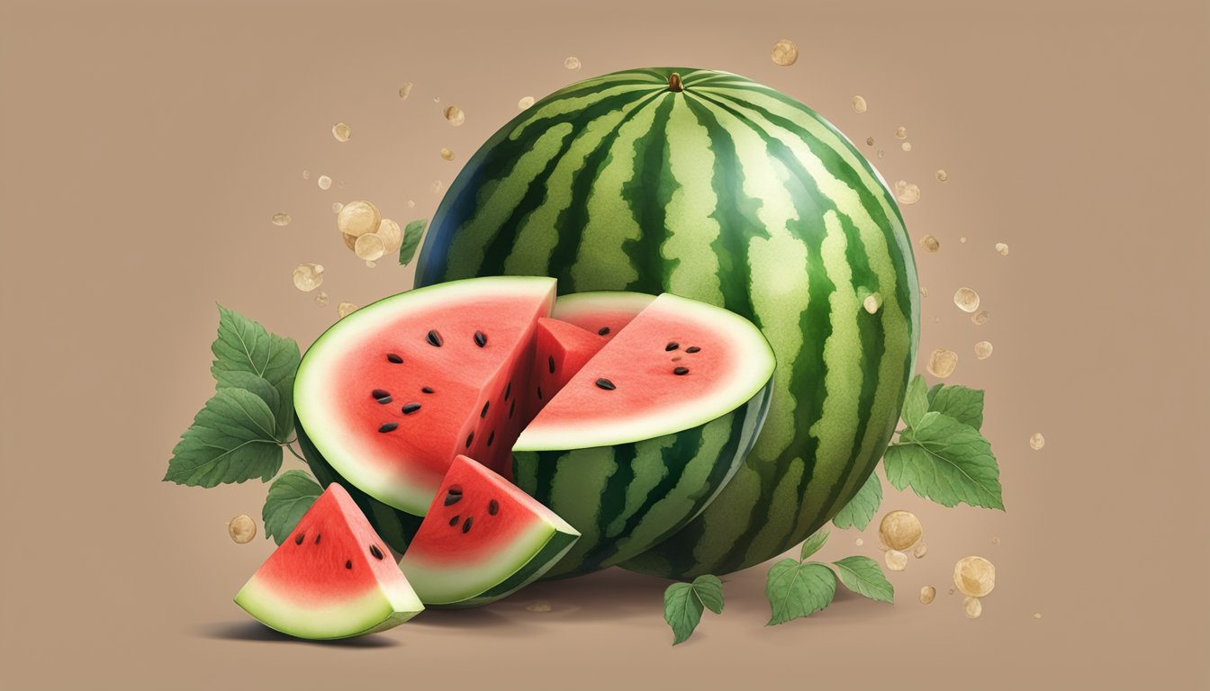 A watermelon cut open, with brown, mushy flesh and a foul odor. Mold and fruit flies surrounding it