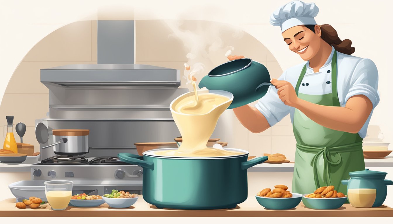 A chef pouring Silk almond milk into a pot of savory dishes and entrées on a stovetop