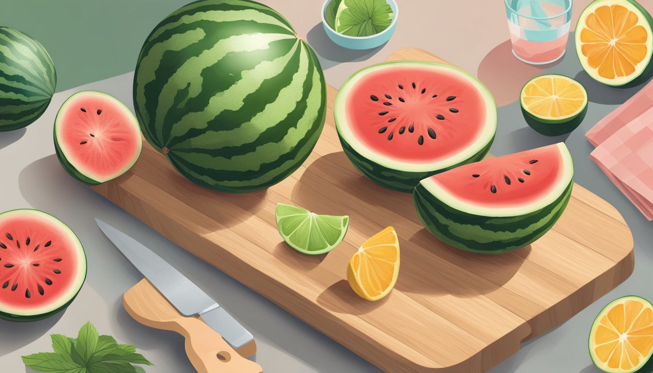 A watermelon half sits on a cutting board, surrounded by slices. A bowl of fresh fruit is nearby, while a hand reaches for a piece