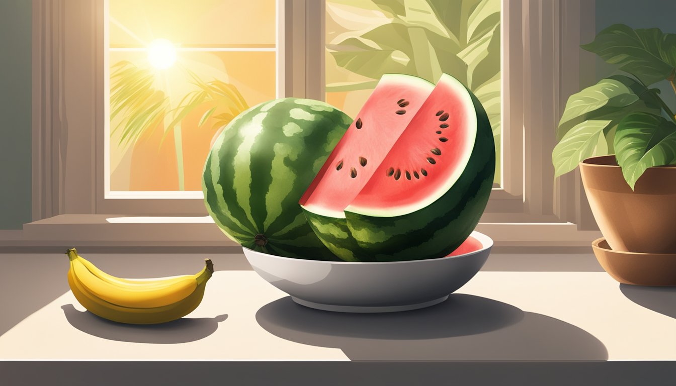 A sliced watermelon sits on a countertop next to a bowl of ripe bananas, surrounded by warm sunlight streaming through a window