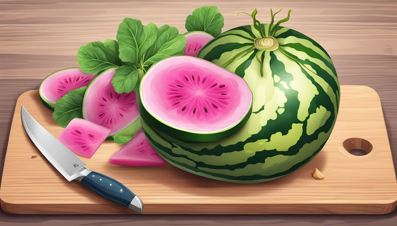 A watermelon radish sliced on a cutting board with a knife