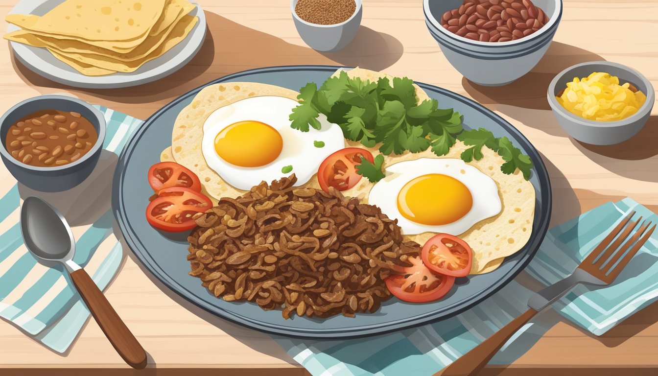 A plate of machaca breakfast with eggs, tomatoes, and onions, accompanied by a side of beans and tortillas