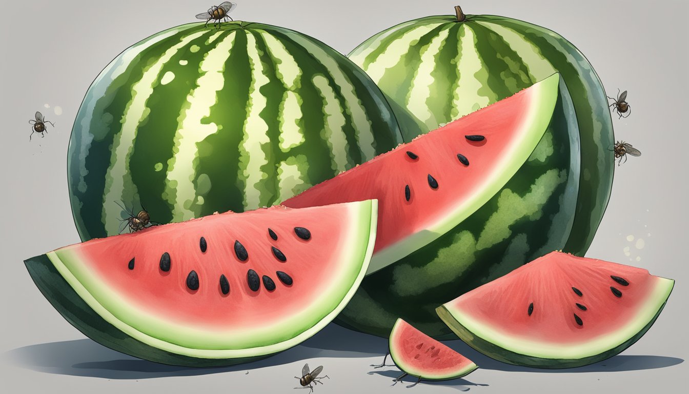 A watermelon cut in half, with mushy and discolored flesh, surrounded by flies