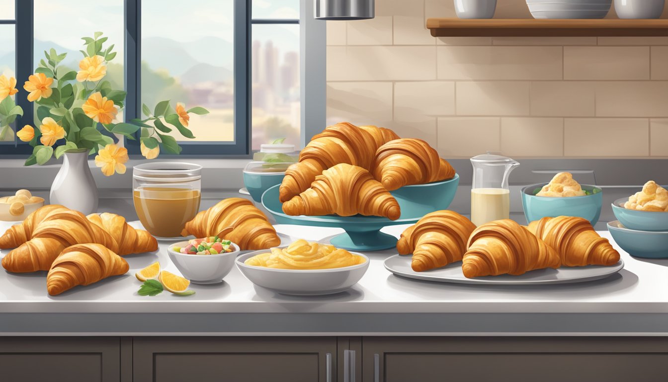 A kitchen counter with freshly baked croissants cooling, surrounded by bowls of glaze and toppings