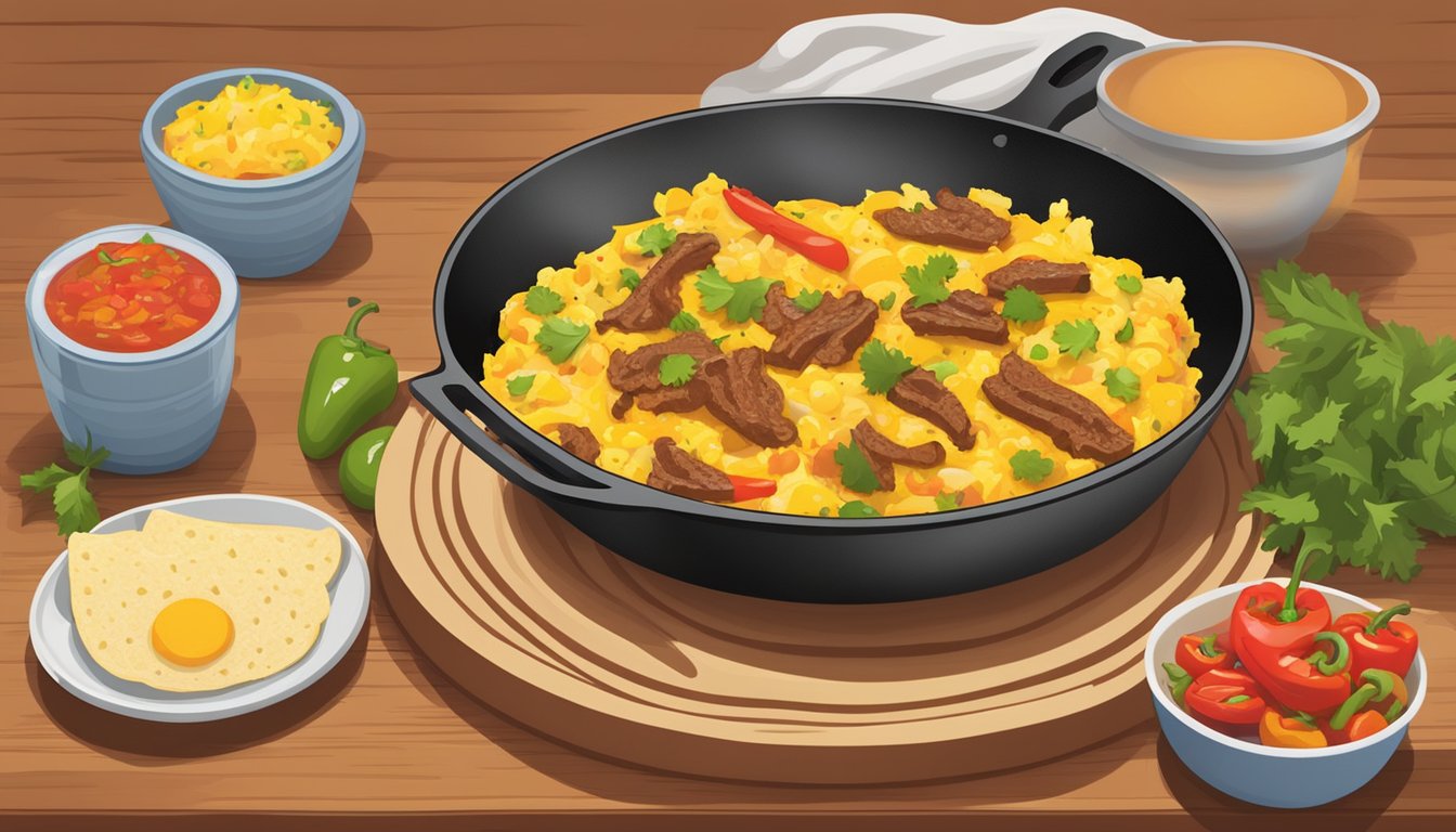 A sizzling skillet with scrambled eggs, shredded beef, and colorful peppers, served with warm tortillas and a side of fresh salsa