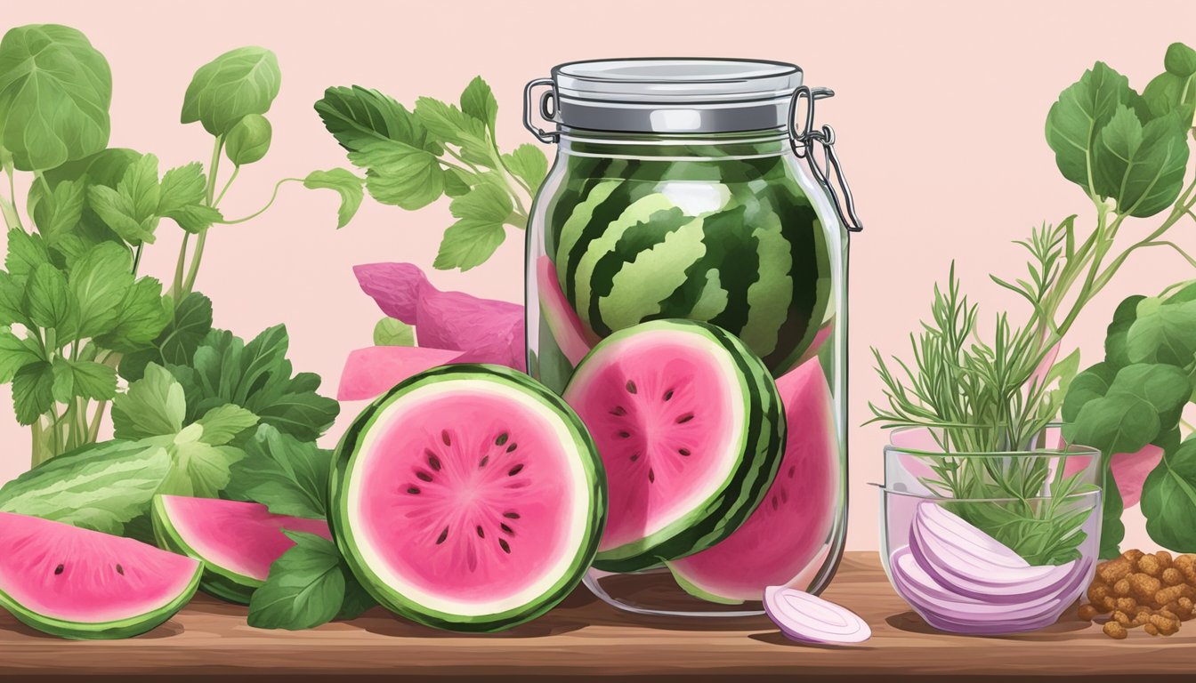 A watermelon radish being sliced and placed in a jar of pickling liquid, surrounded by fresh herbs and spices