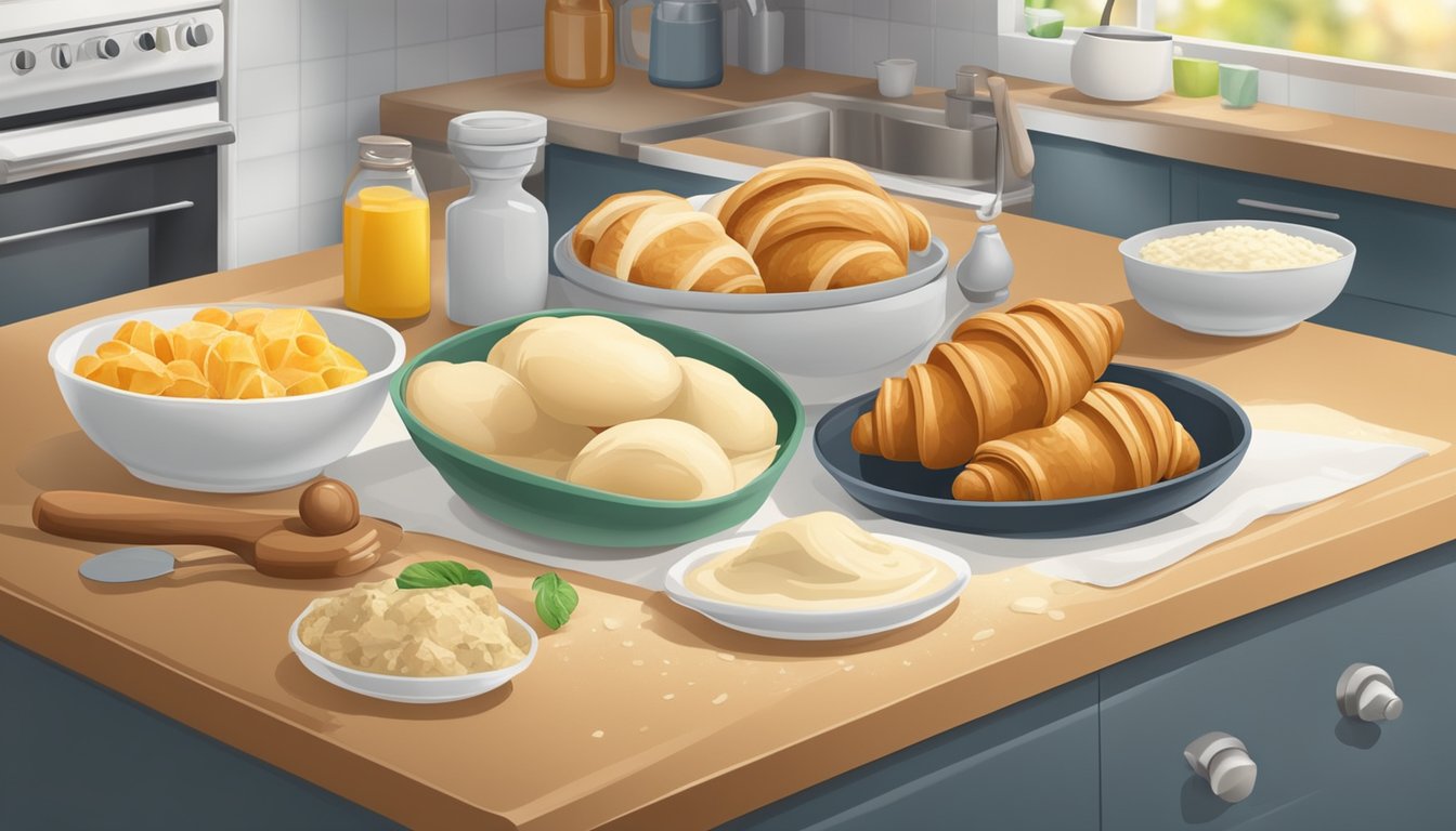 A kitchen counter with ingredients and utensils for making breakfast croissants, including various fillings and dough being rolled out