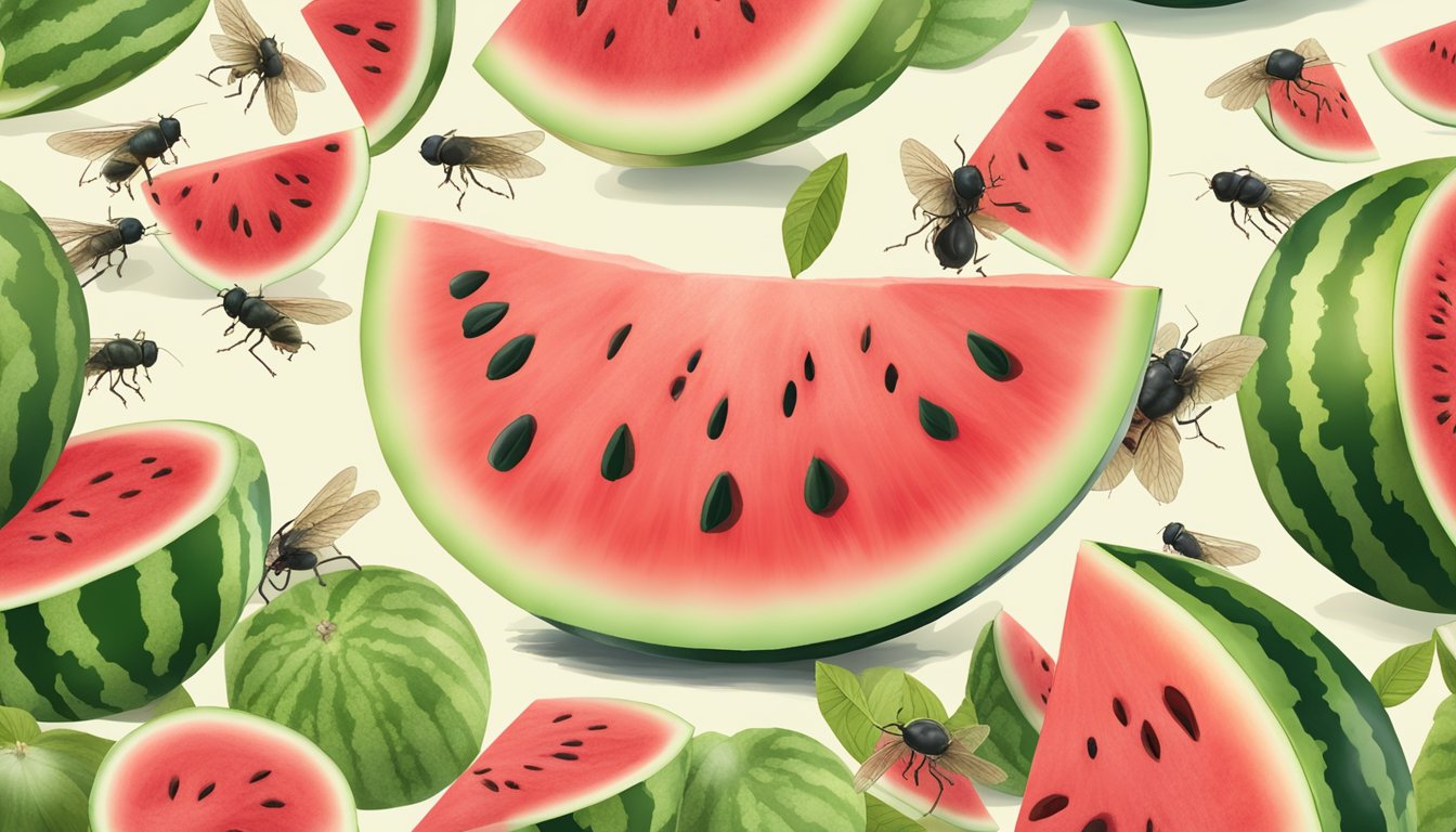 A watermelon split open, its flesh mushy and discolored, surrounded by buzzing flies