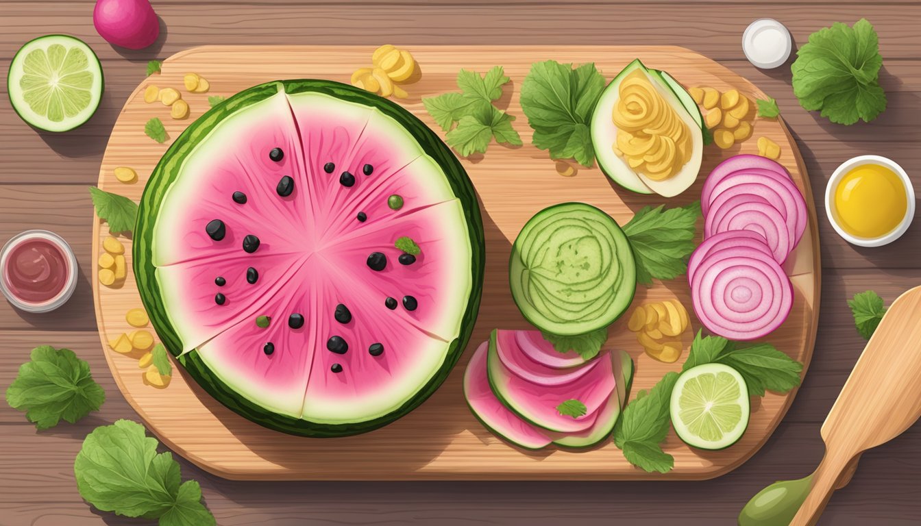 A watermelon radish sliced into thin rounds, with various dressings and condiments arranged around it on a wooden cutting board